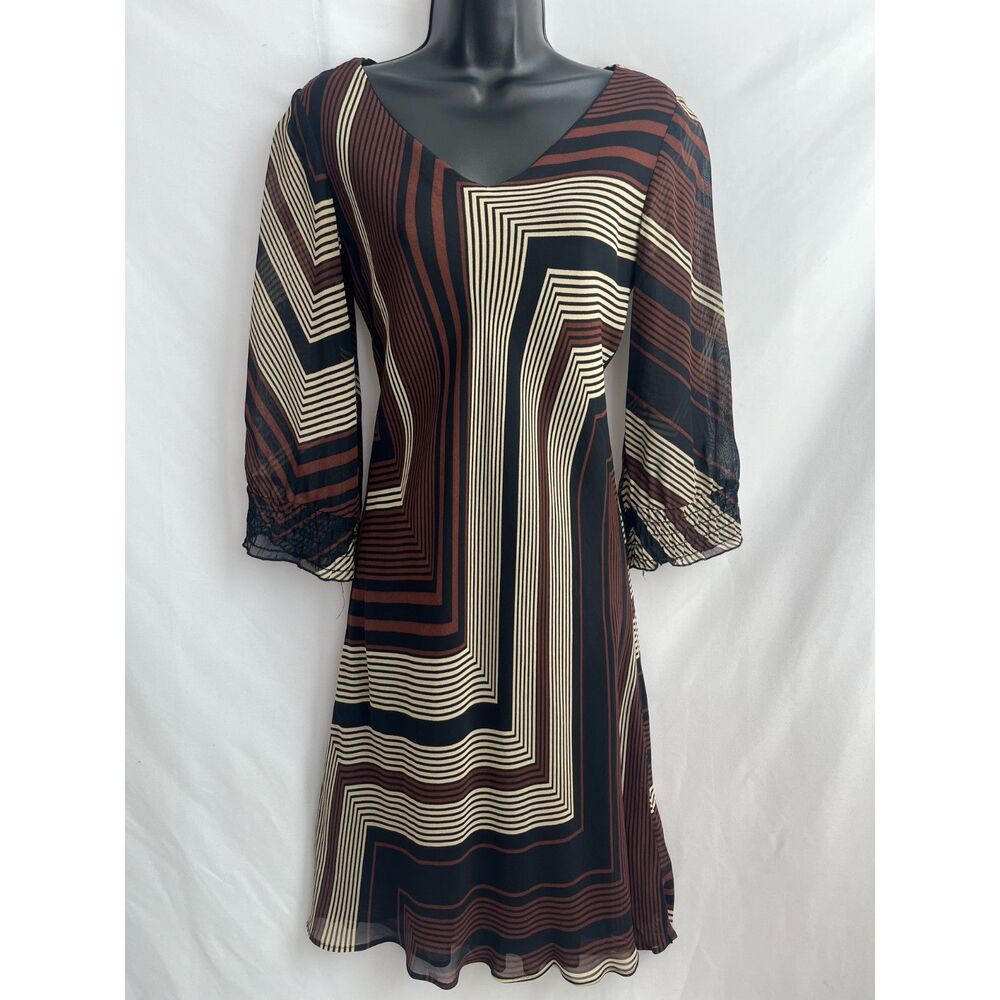 Vintage Tessuto Abstract Artsy Dress Puff Sleeves Petite S Brown V Neck Artsy
